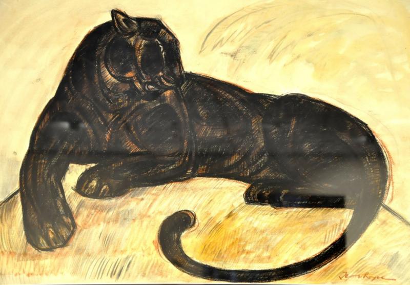 jean Royer Panther Elongated Important Drawing Charcoal Pastel Watercolor Circa 1970, More Informations...