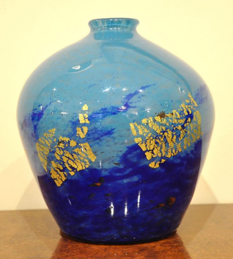 Daum Nancy Glass Vase Multilayer Blue Inclusion Gold Art Deco 1925-1930, More Informations...