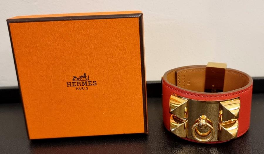 HermÃ¨s Paris Manchette Collier De Chien PlaquÃ© Or Et Cuir Corail , Plus d'infos...