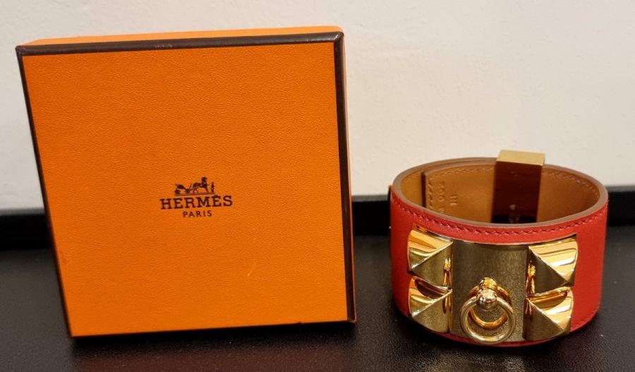 HermÃ¨s Paris Gold Plated Dog Collar Cuff And Coral Leather , More Informations...