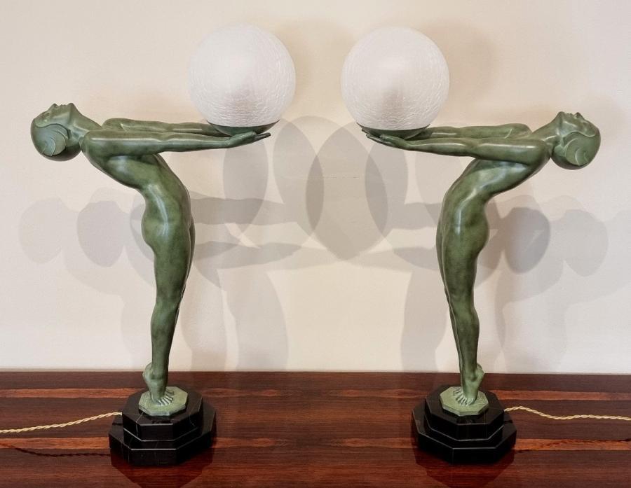 Max Le Verrier Lumina Paire De Sculptures Lampes Art Déco , Plus d'infos...