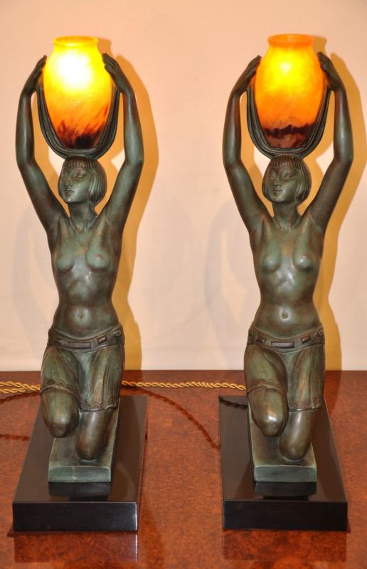 PIERRE LE FAGUAYS FAYRAL  PAIRE LAMPES SCULPTURES  VERS L'OASIS  ART DECO, Plus d'infos...