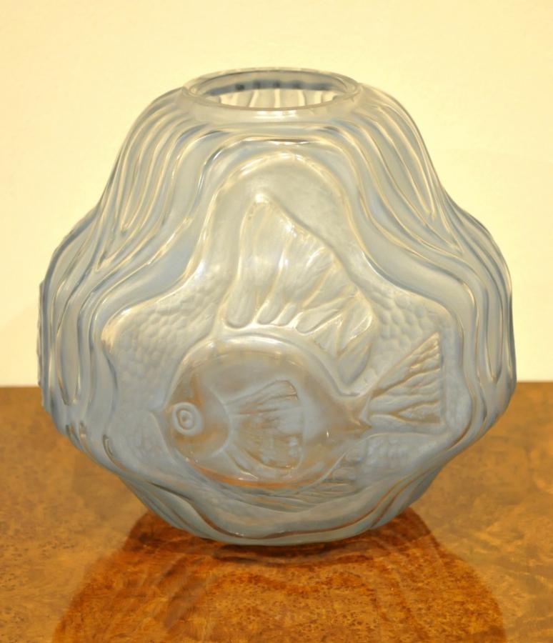 AndrÃ© Hunebelle Vase Poissons PatinÃ© Bleu Art DÃ©co 1930, Plus d'infos...